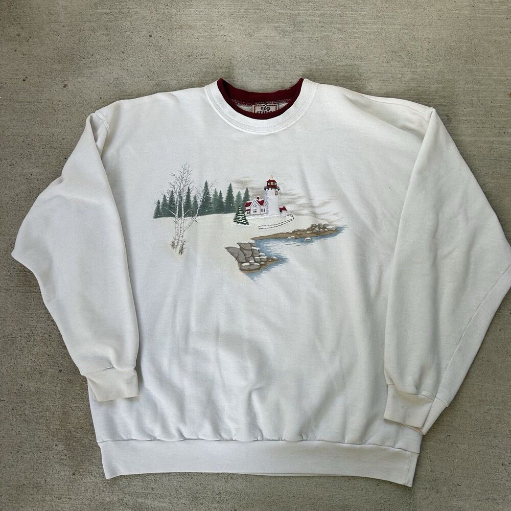 Vintage 90’s Top Stitch Light House Sweatshirt Adult White Crewneck Collar XL